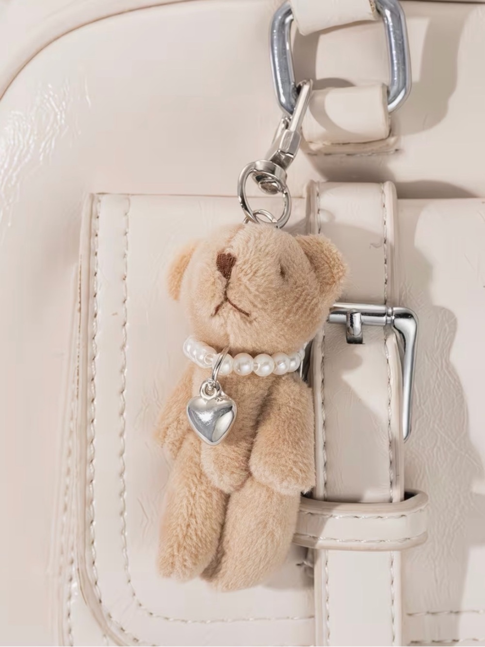 Teddy Bear Keychain/ Bag Charm in Light Brown with Pearl Necklace